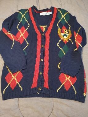 Vintage 90s Cardigan Eagles Eye Novelty Print Americana Argyle Regal Crest Sz L